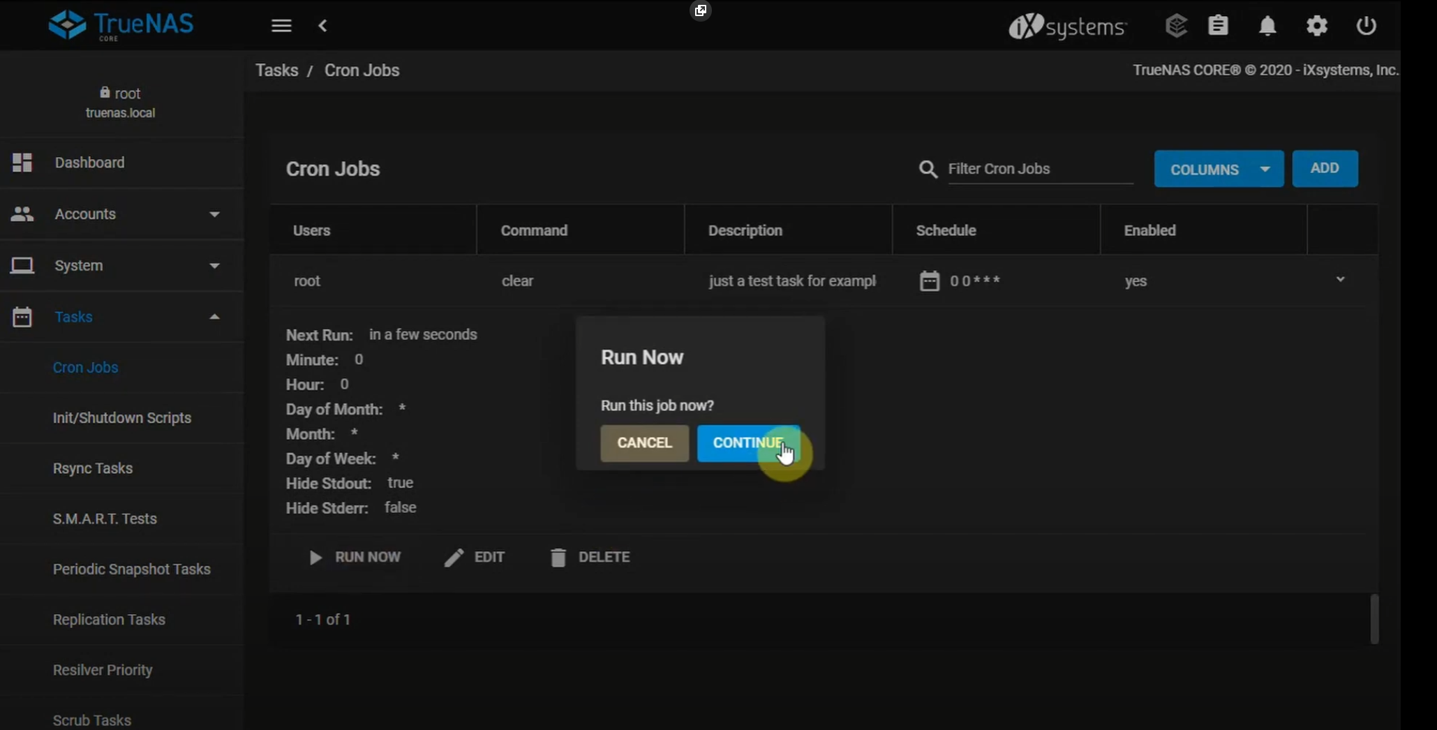 run now a cron job in truenas